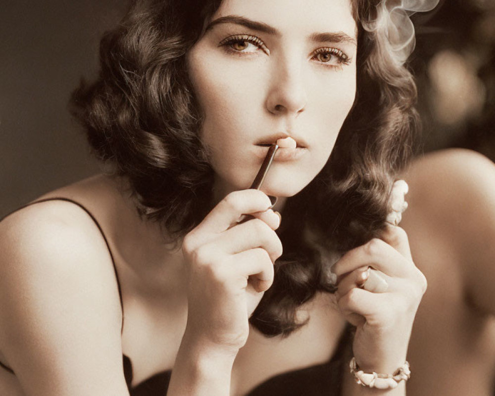 Sepia-Toned Portrait of Woman with Wavy Hair Holding Cigarette