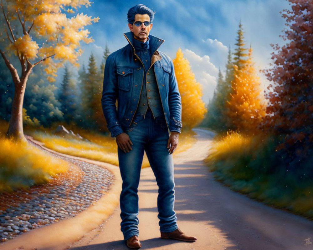 Confident man in denim jacket and jeans among autumn trees and blue sky