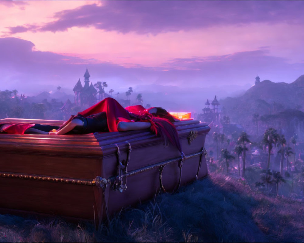 Person lying on treasure chest in fantasy landscape with castles and purple sunset.