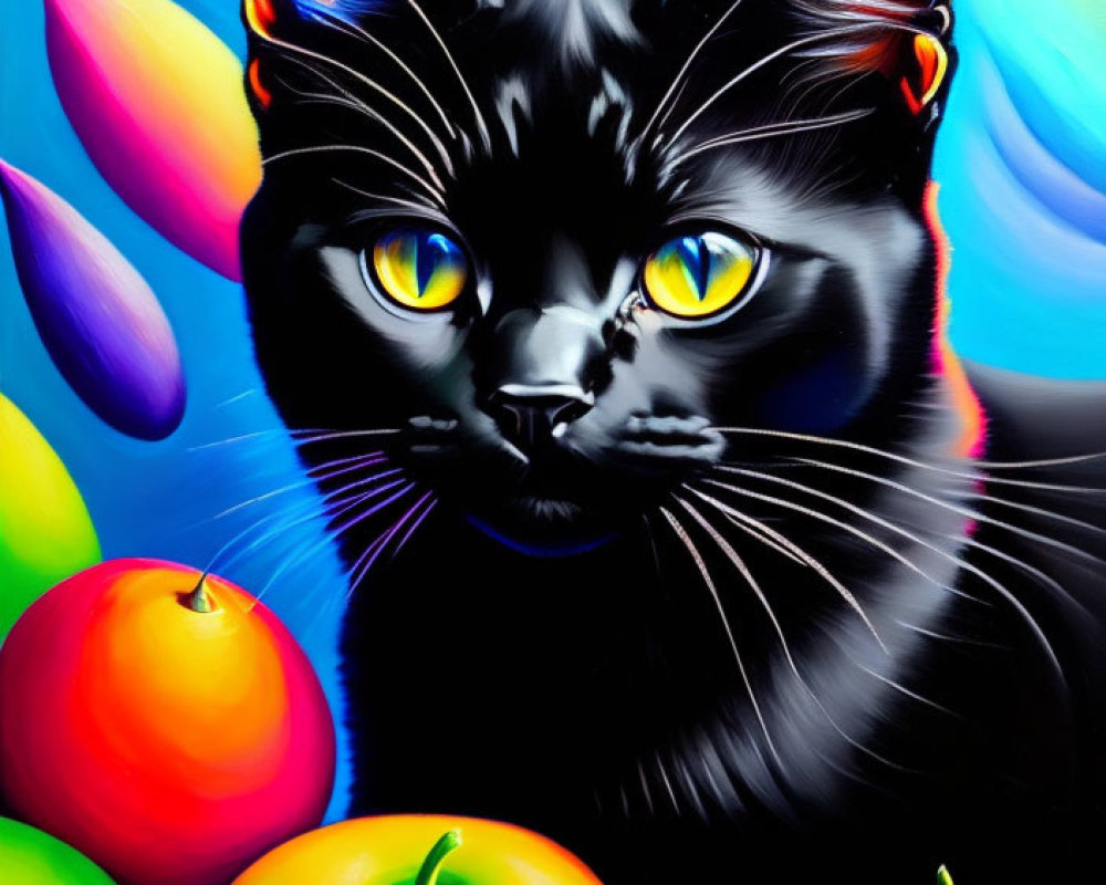 Colorful Painting of Black Cat with Yellow Eyes and Fruits on Rainbow Background