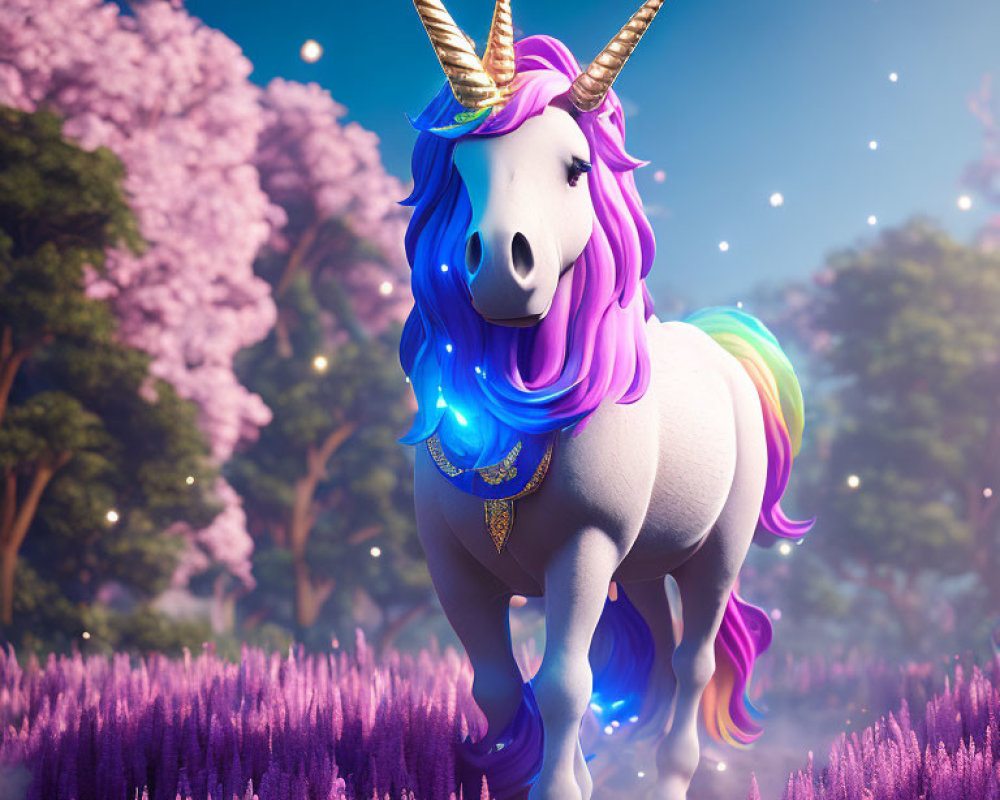 Majestic unicorn with golden horn in purple-flowered field
