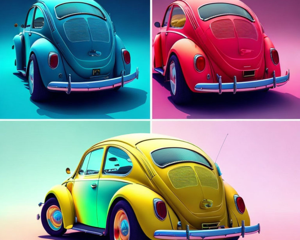 Colorful Volkswagen Beetle Illustrations on Vibrant Gradient Backgrounds
