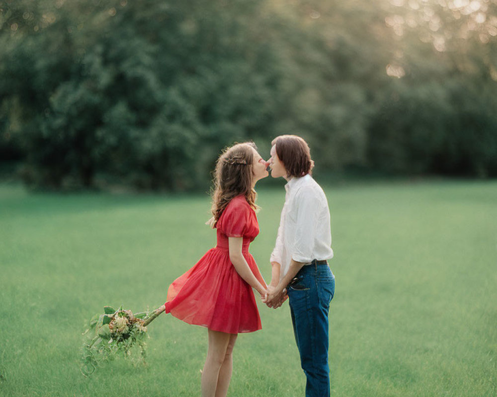 Couple in loving embrace in green field, woman in red dress holding flowers.