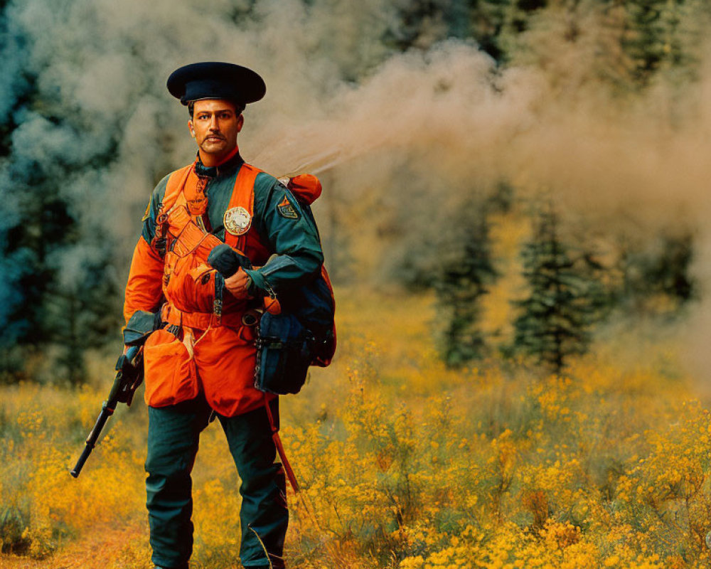 Rescuer in orange gear with rifle in yellow-flowered field