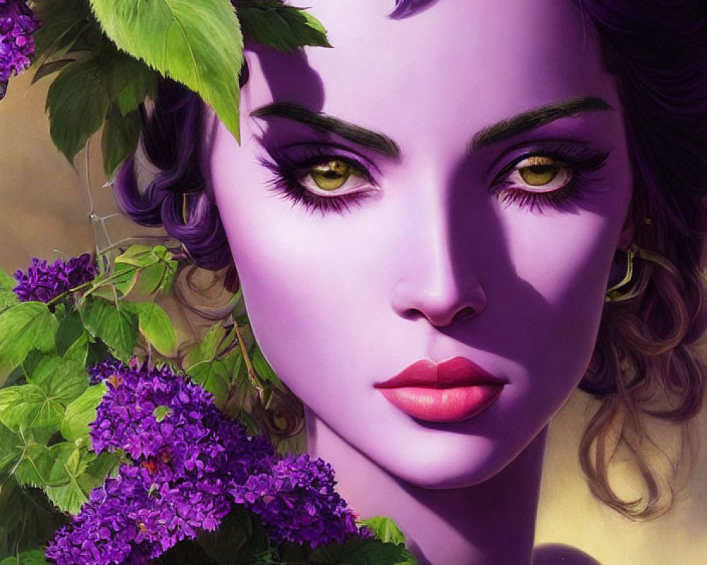Digital artwork of woman with purple flowers, green eyes, purple eyeshadow, and pink lips