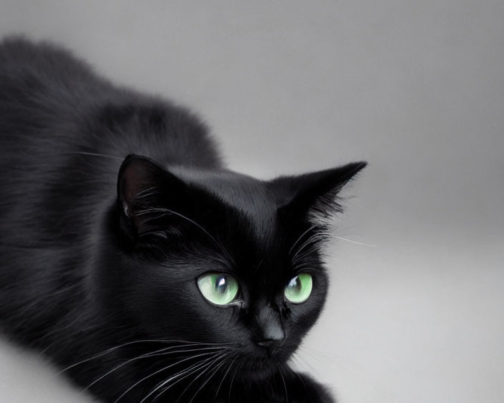 Black Cat with Green Eyes Resting on Grey Background