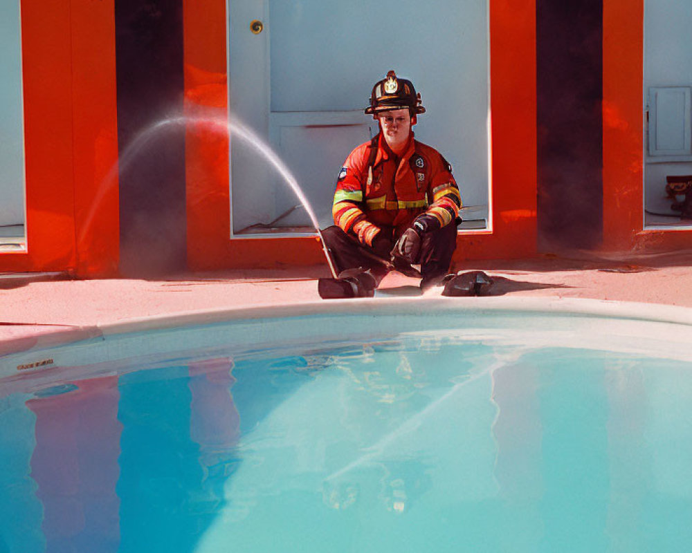 Firefighter in full gear by poolside against vibrant orange backdrop