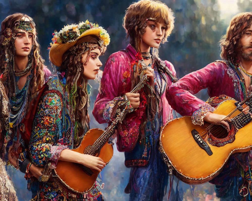 Four individuals in ornate bohemian attire standing together with guitars.