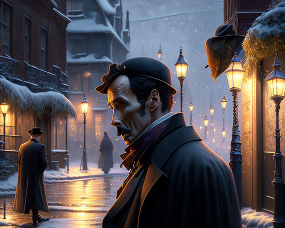 Man in Overcoat and Hat on Snowy Victorian Street at Night