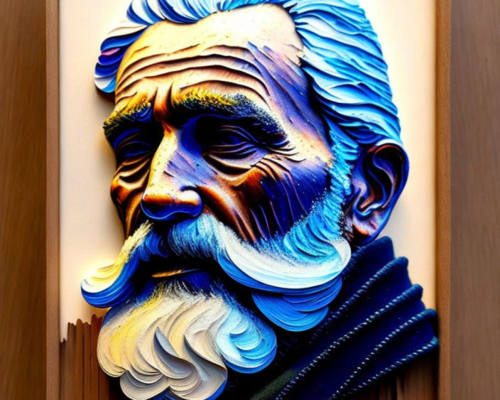 Stylized 3D portrait of older man with blue & white hair on wooden background