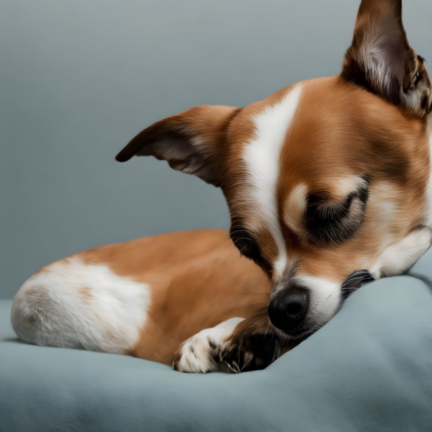 Brown and White Dog Resting on Blue Cushion Against Gray Background
