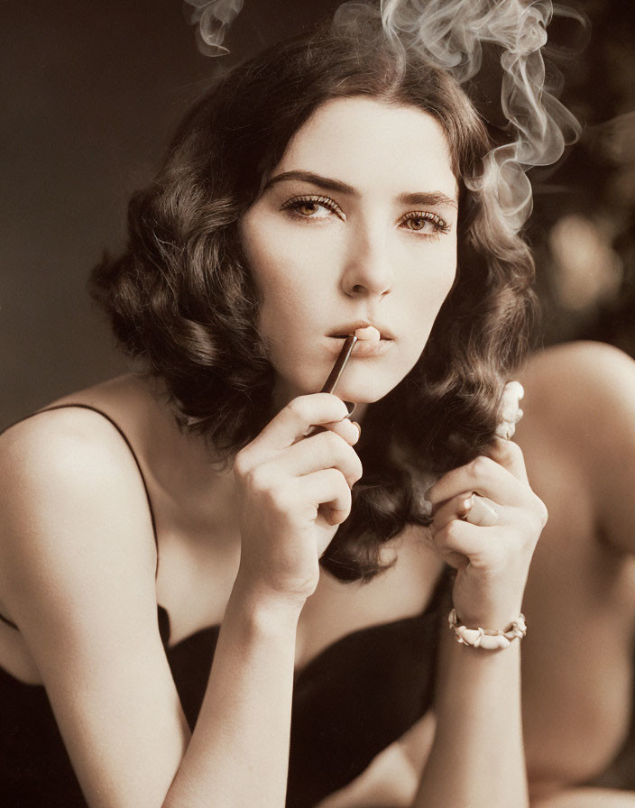 Sepia-Toned Portrait of Woman with Wavy Hair Holding Cigarette