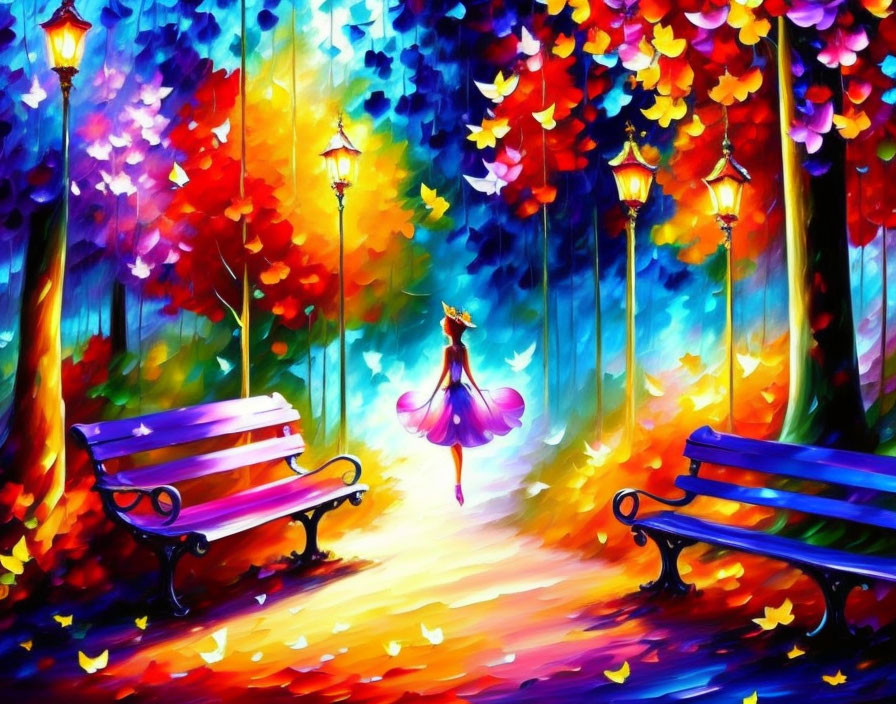 Colorful Park Scene with Dancing Figure and Benches
