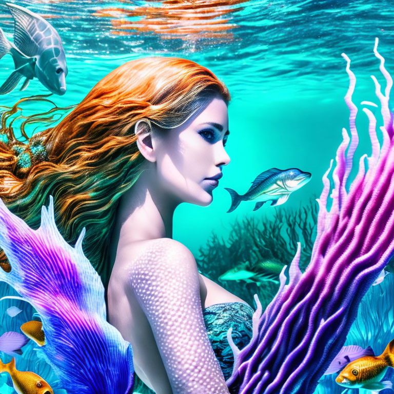 Vibrant Underwater Scene with Red-Haired Mermaid and Tropical Fish