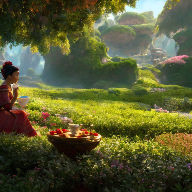 Animated woman in traditional attire sips tea in lush, fantastical garden