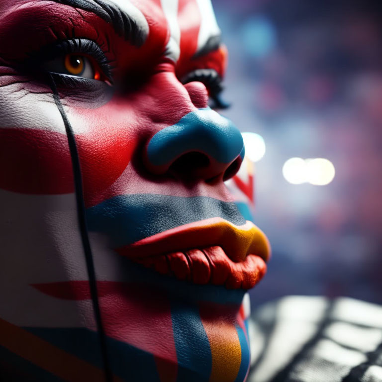 Person with vibrant clown makeup and Union Jack flag pattern close-up.