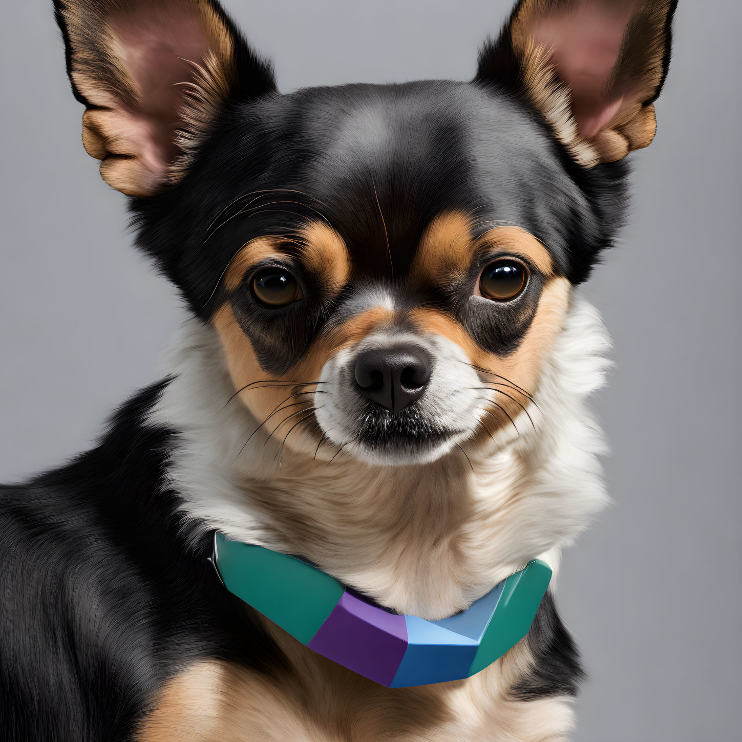 Close-Up Portrait of Chihuahua with Large Ears and Colorful Collar