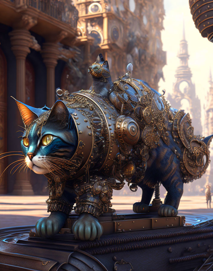 Steampunk digital art: Mechanical cat in bronze armor amidst cityscape