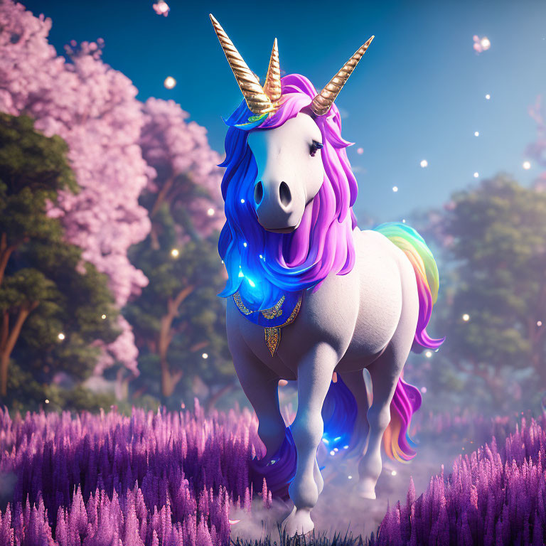 Majestic unicorn with golden horn in purple-flowered field