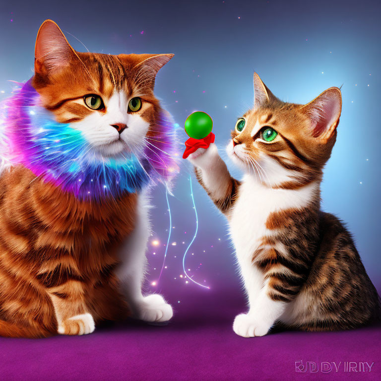 Exaggerated features on whimsical cats in colorful scene