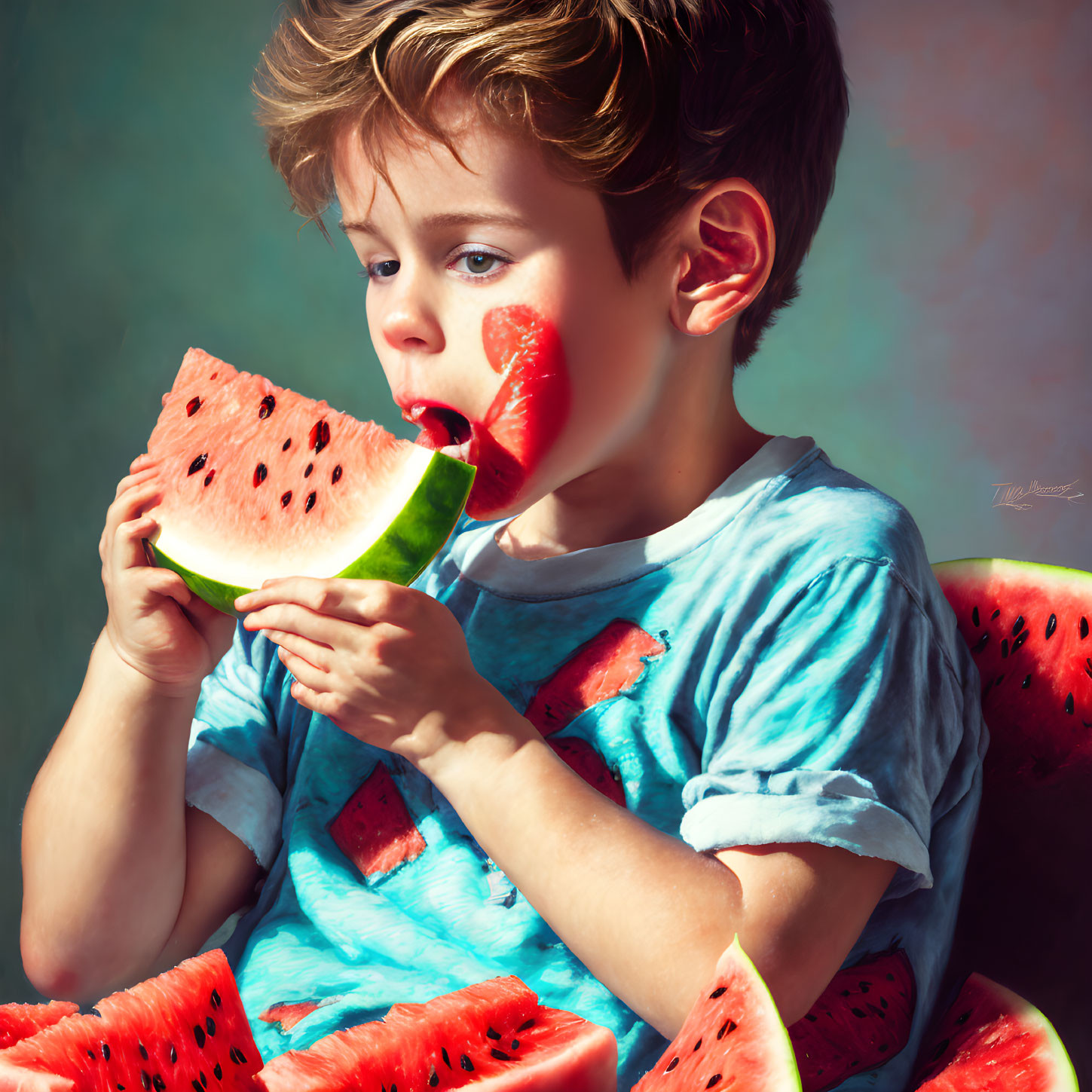 Child in blue t-shirt eating watermelon slice with messy hair