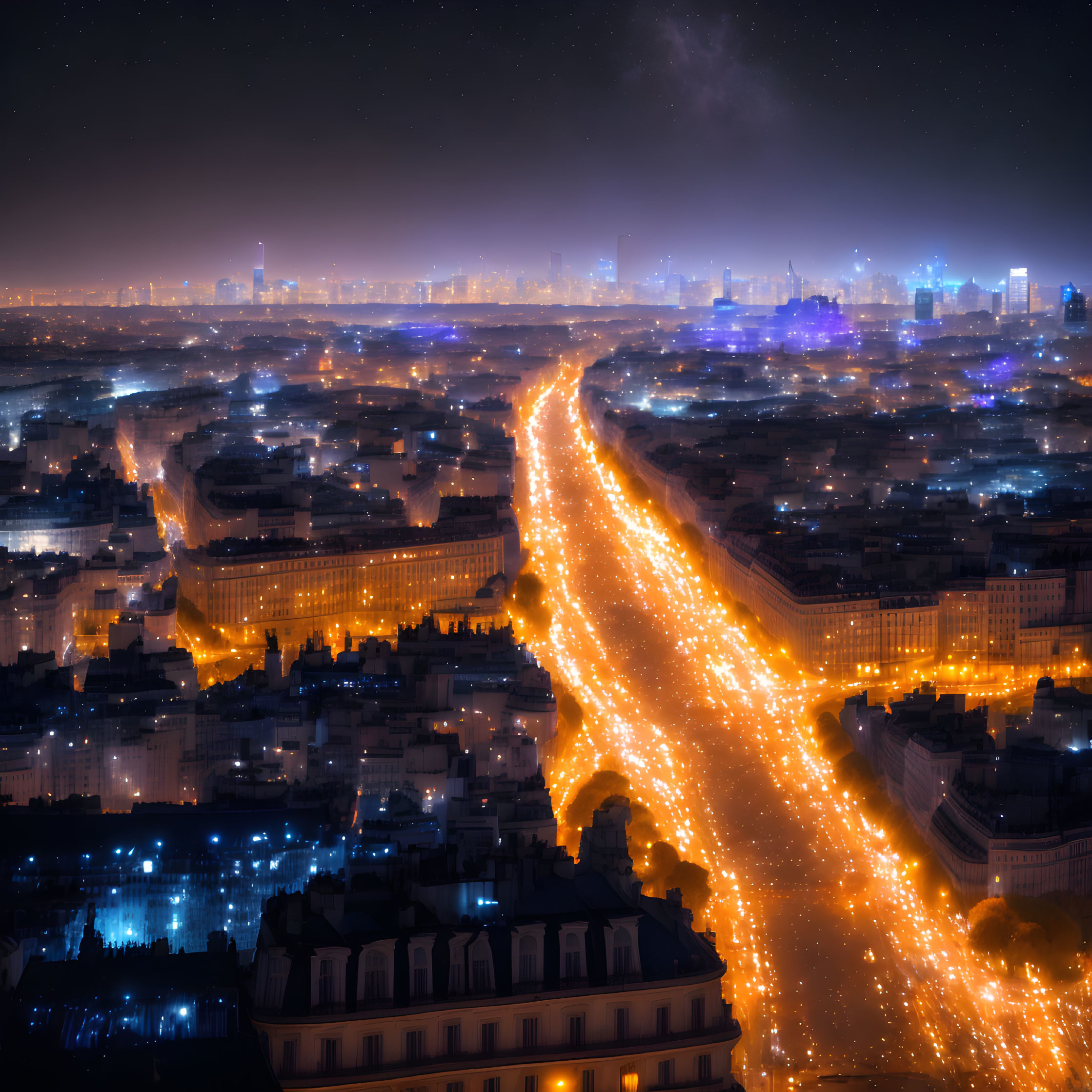 City night view: glowing streets, golden buildings, hazy skyline