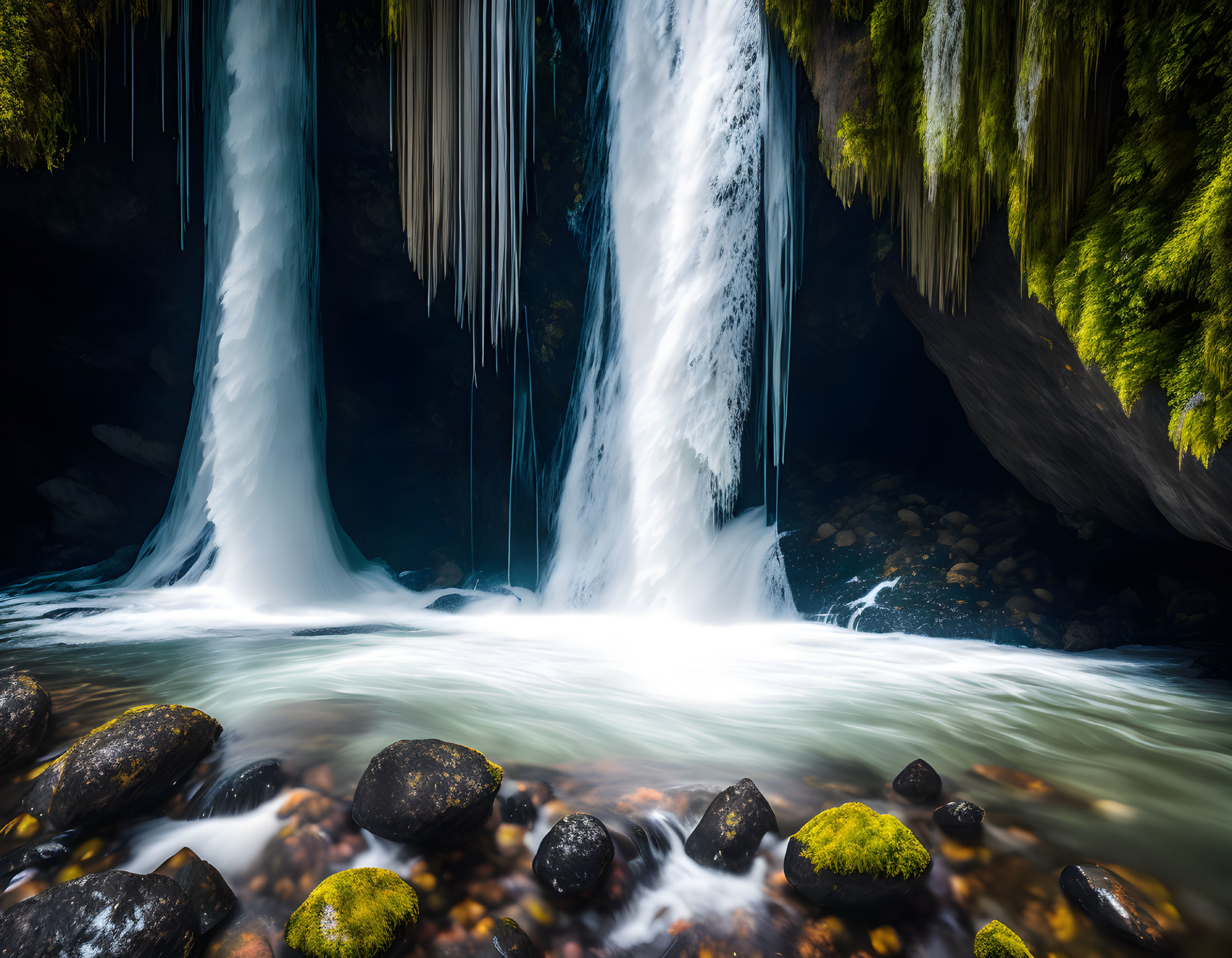 Tranquil waterfall with moss-covered rocks and icicles