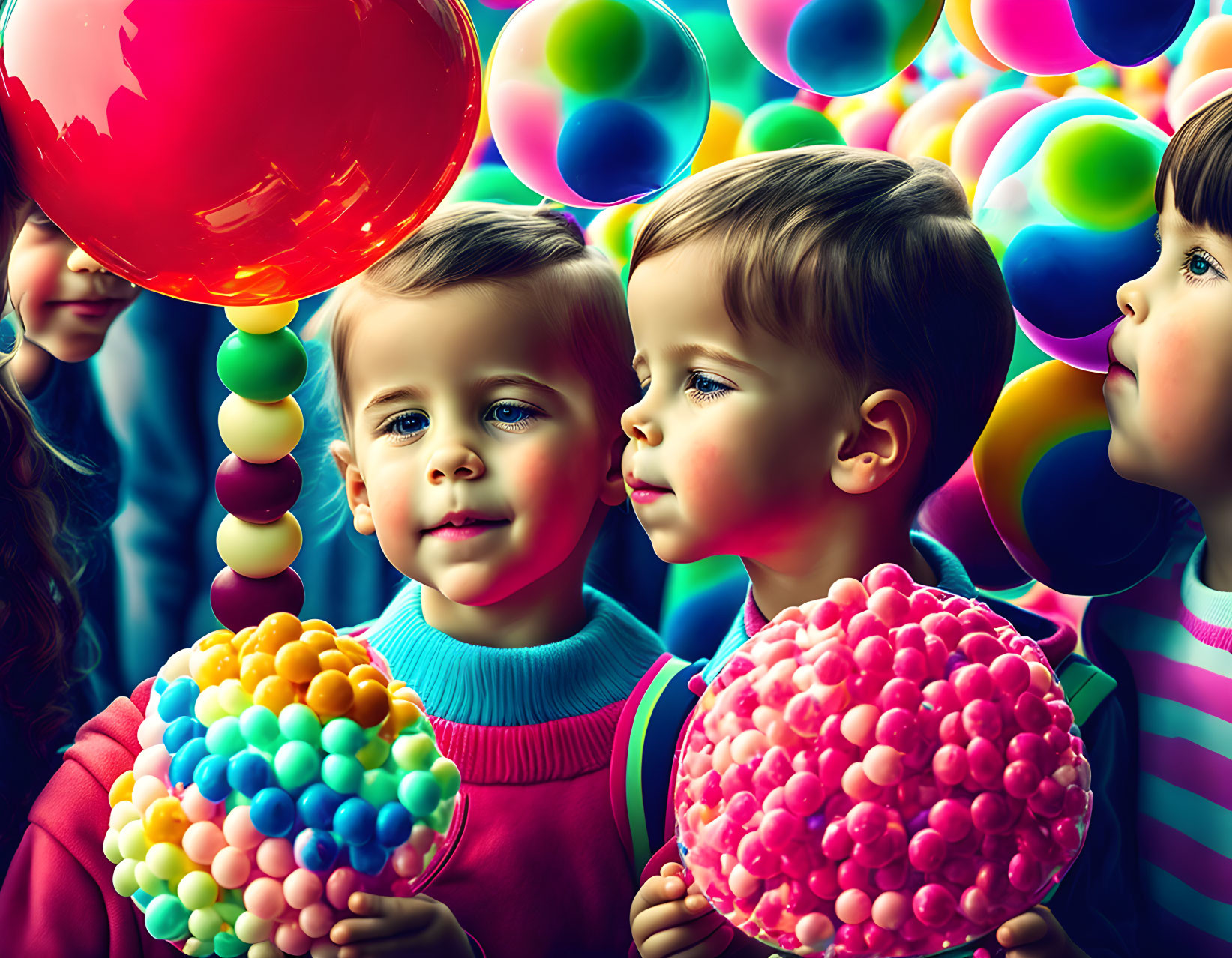 Children holding colorful ball-shaped objects in vibrant background
