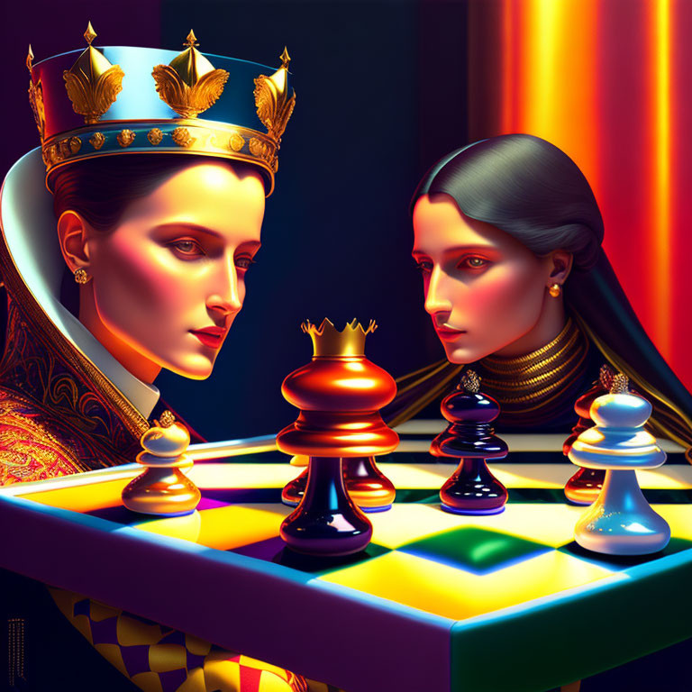 Two women with chess queen crowns on colorful board in golden and blue light