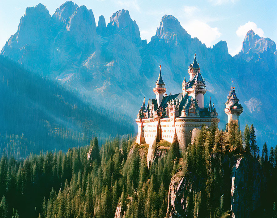 Majestic fairytale castle with spires and mountain backdrop