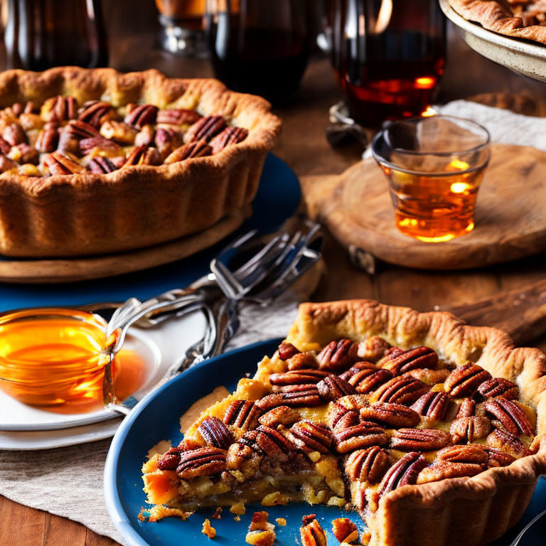 Two pecan pies with a slice removed, glasses of amber liquid, rustic wooden table