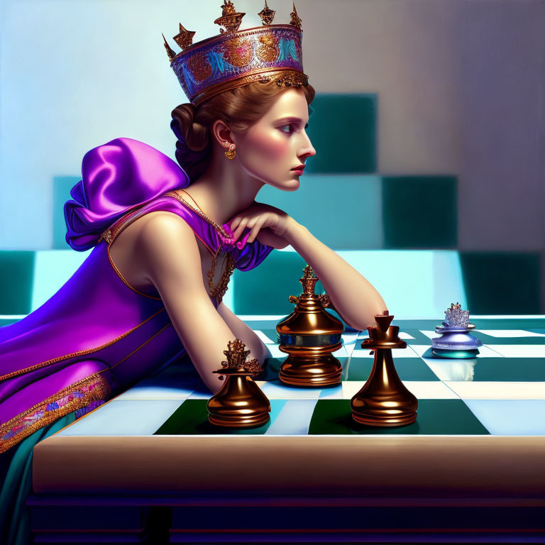 Woman in Crown Plays Chess in Stylish Room