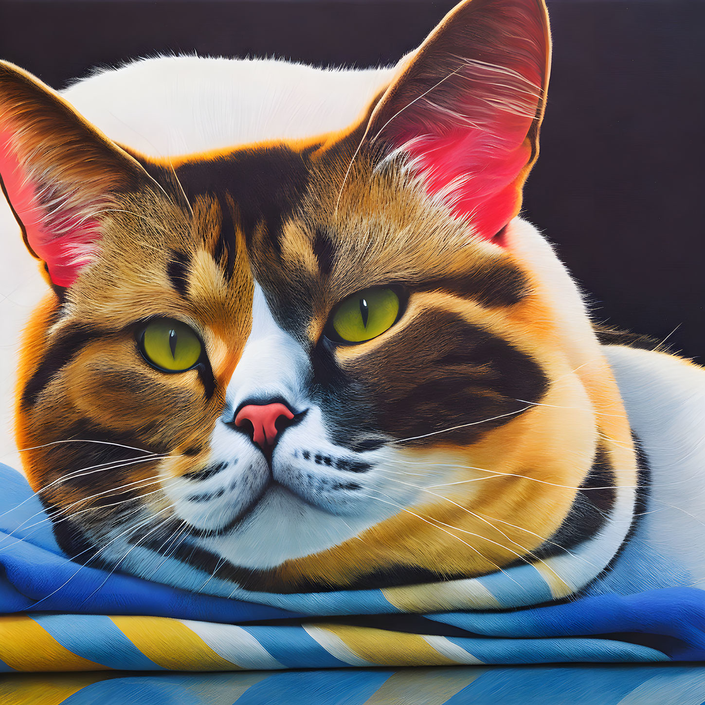 Detailed Close-Up Illustration of Calico Cat with Yellow Eyes and Striped Scarf