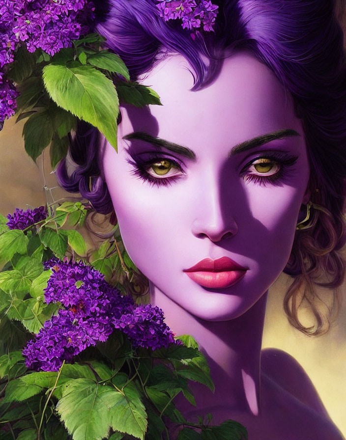 Digital artwork of woman with purple flowers, green eyes, purple eyeshadow, and pink lips