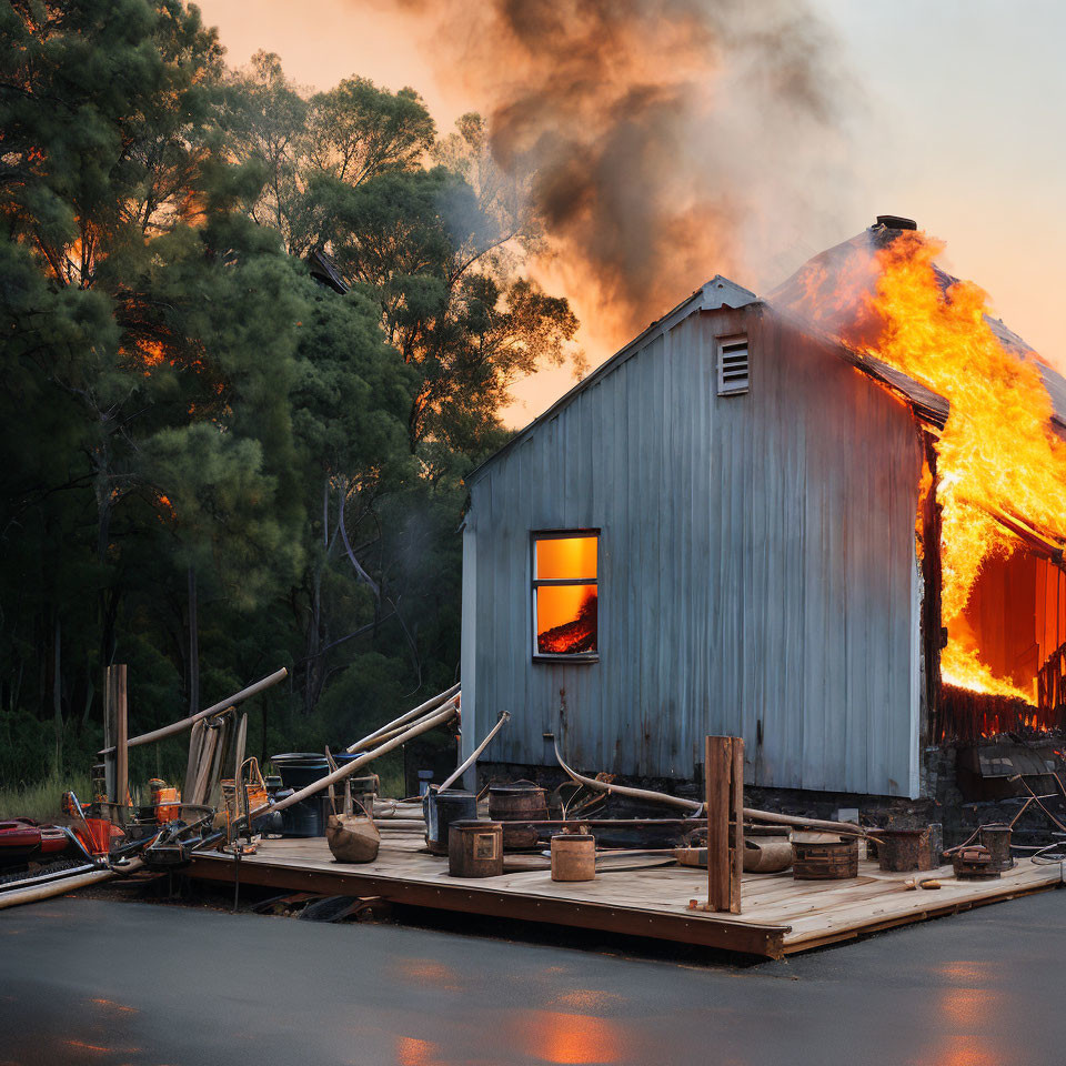 House on Fire in Forest at Dusk or Dawn