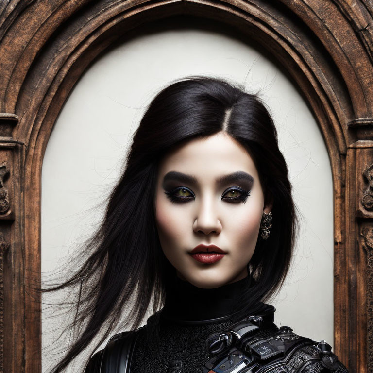 Portrait of Woman with Dark Hair and Striking Makeup in Gothic Arch Frame