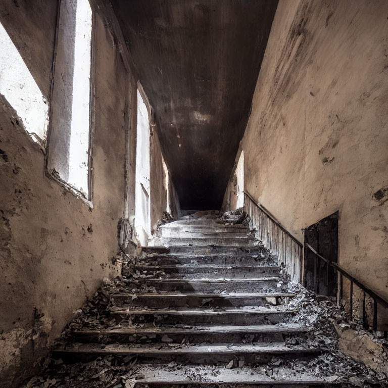 Decaying staircase in abandoned building with tall windows and debris