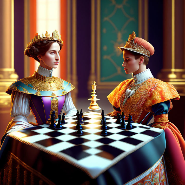 Regal individuals playing chess in ornate room