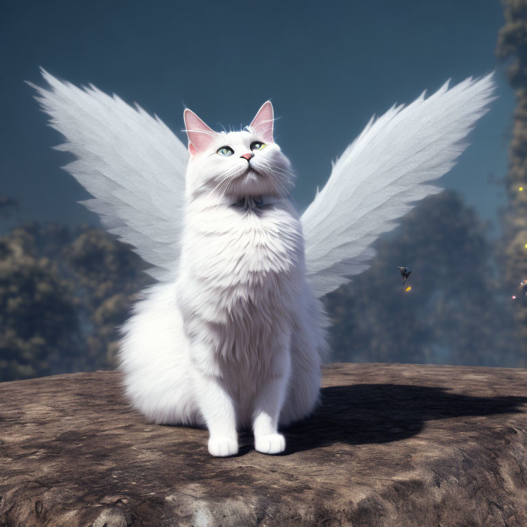 White Fluffy Cat with Angelic Wings in Tranquil Forest Setting
