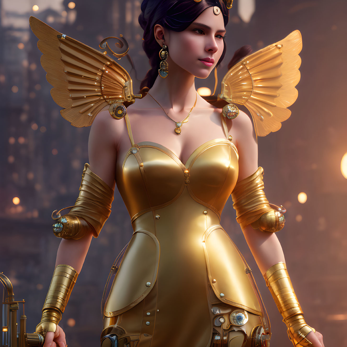 Digital Artwork: Woman with Mechanical Wings and Golden Armor in Cityscape at Twilight