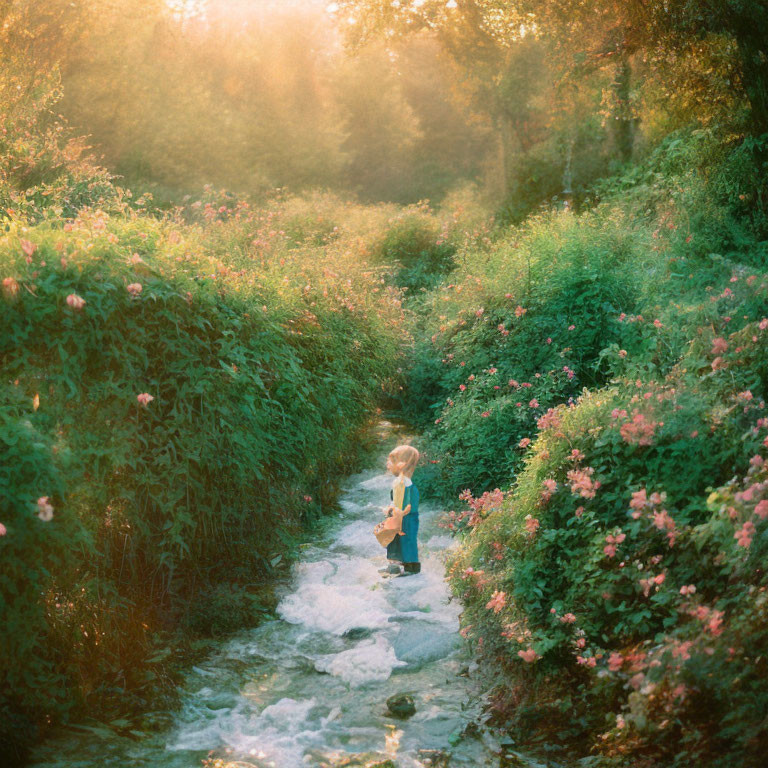 Child on flower-lined forest path with sunlight filtering through trees
