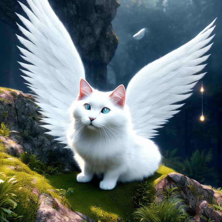 White Cat with Angelic Wings in Enchanted Forest Setting