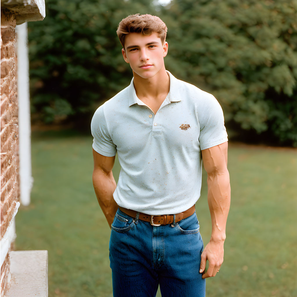 Dark-haired young man in light blue polo shirt and jeans outdoors.