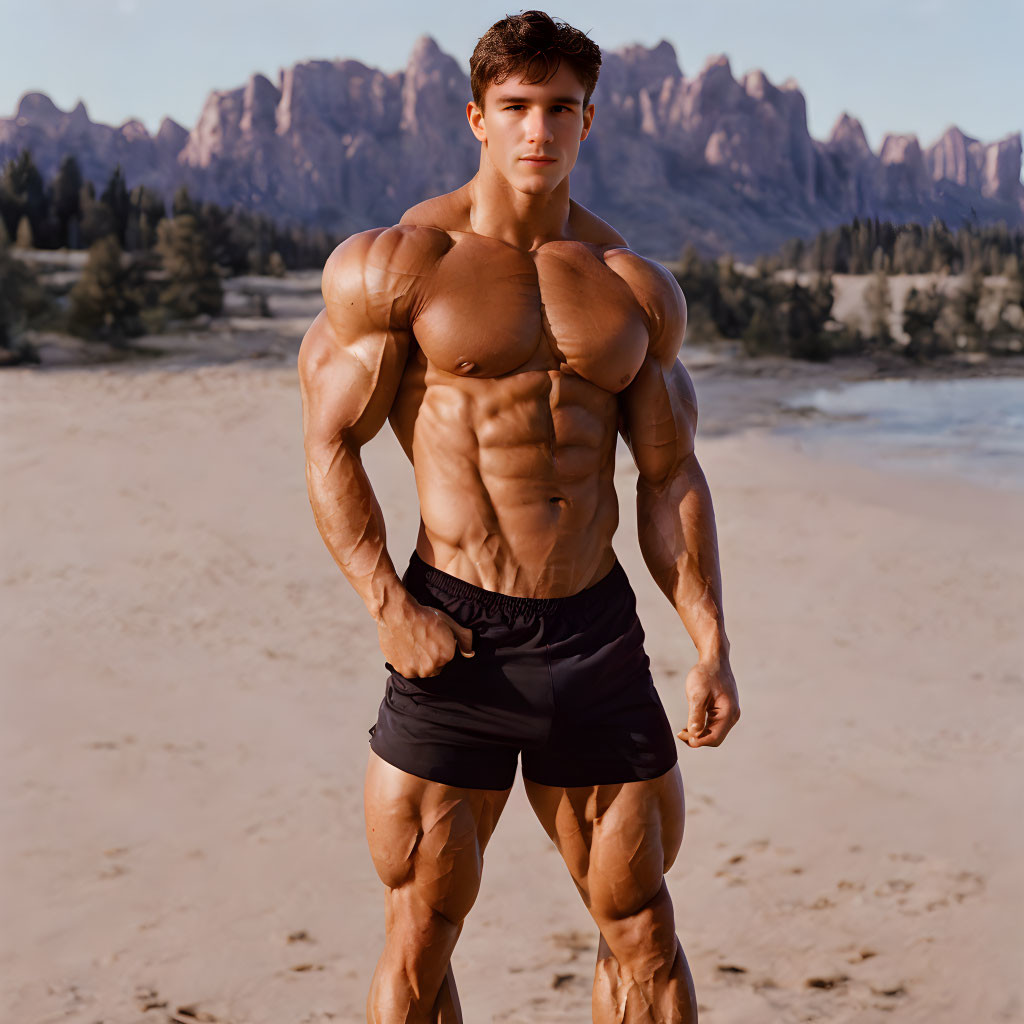 Muscular person posing outdoors against mountain backdrop