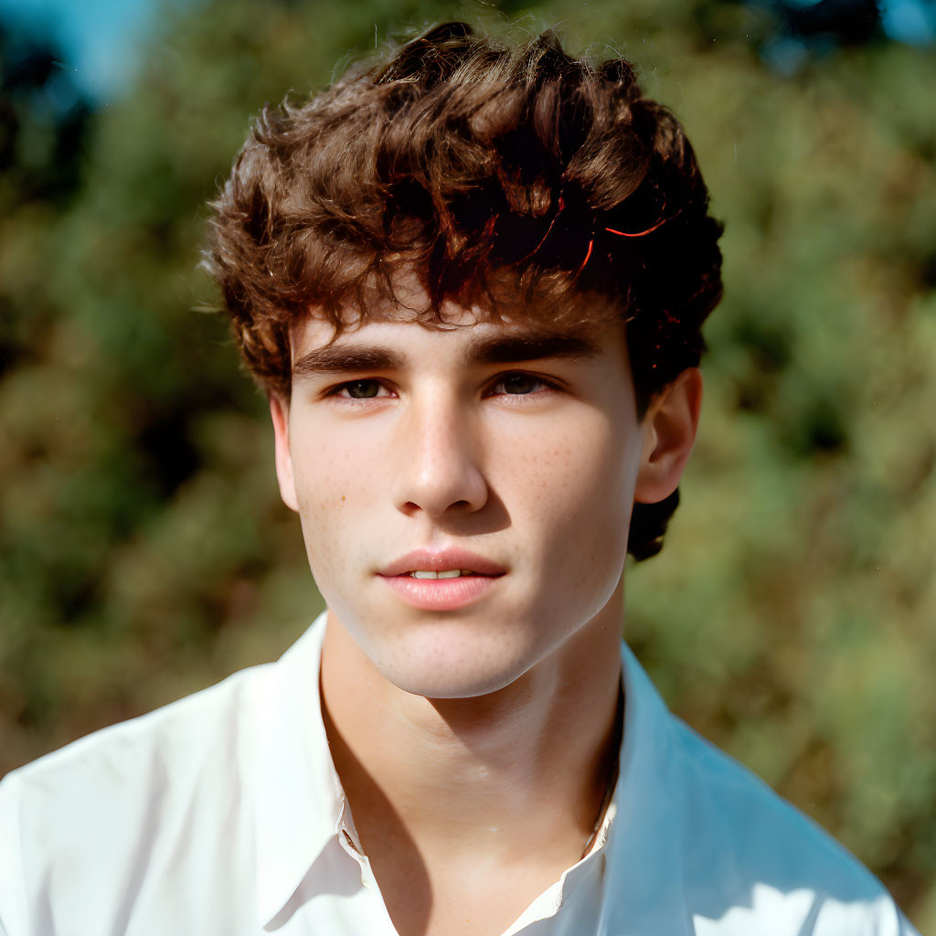 Curly-Haired Young Man Outdoors in White Shirt Portrait