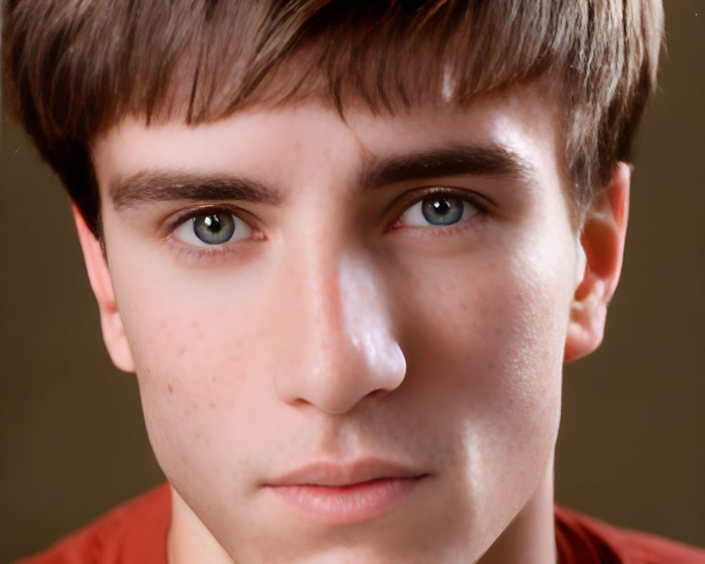 Young man with short brown hair and blue eyes in neutral expression on brown background