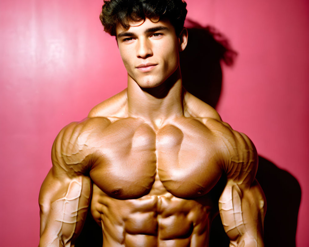 Muscular person with defined abs posing on pink background.