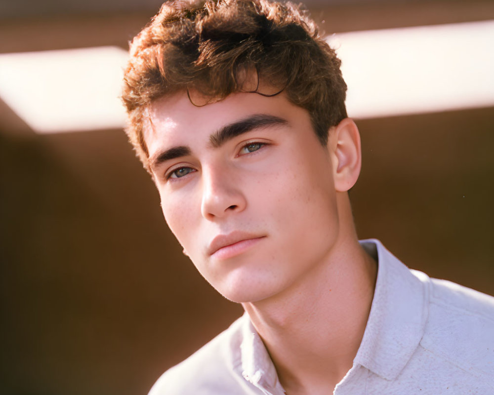 Curly-Haired Young Man in White Shirt Under Soft Light