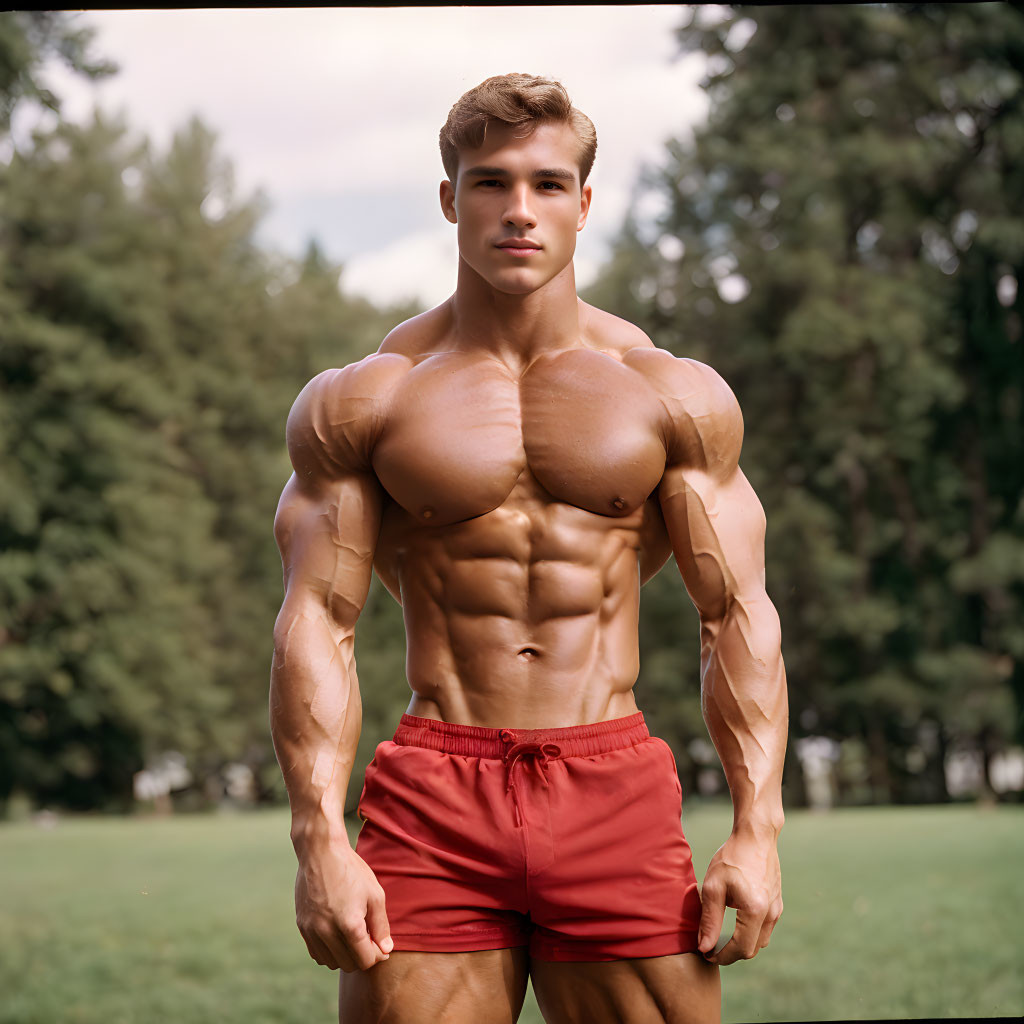 Muscular Man Posing in Red Shorts Outdoors with Forest Backdrop