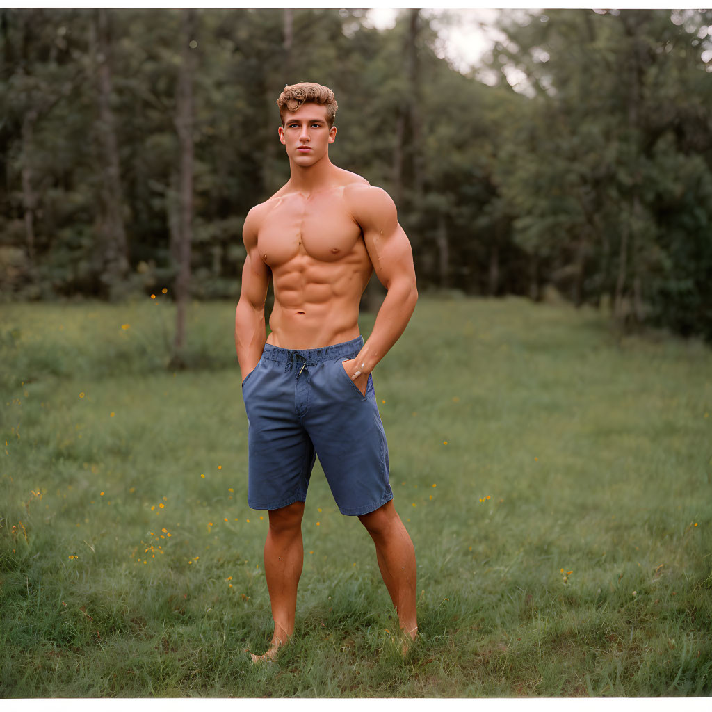 Muscular shirtless man in blue shorts outdoors with trees and grass.